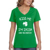 XtraFly Apparel Women&#39;s Kiss Me I&#39;m Irish and Vaccinated St. Patrick&#39;s Day Saint Paddy Drunk Lucky Clover Shamrock V-neck T-shirt