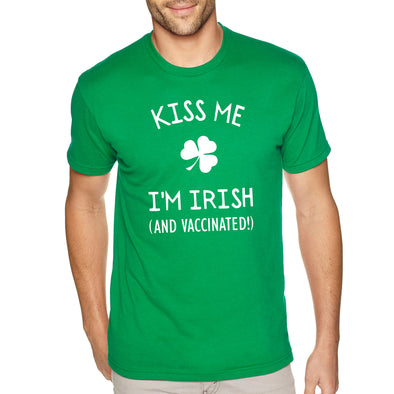XtraFly Apparel Men&#39;s Tee Kiss Me I&#39;m Irish and Vaccinated St. Patrick&#39;s Day Saint Paddy Drunk Lucky Clover Shamrock Crewneck T-shirt
