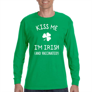 XtraFly Apparel Men&#39;s Kiss Me I&#39;m Irish and Vaccinated St. Patrick&#39;s Day Saint Paddy Drunk Lucky Clover Shamrock Long Sleeve T-Shirt