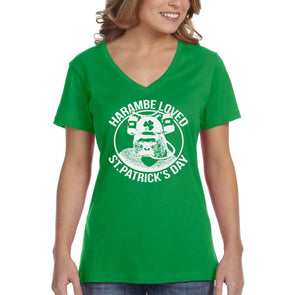 XtraFly Apparel Women&#39;s Harambe Loved St. Patrick&#39;s Day Irish Saint Paddy Drunk Beer Lucky Clover Shamrock V-neck T-shirt