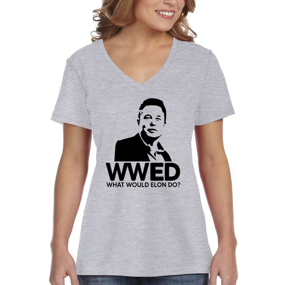 XtraFly Apparel Women&#39;s What Would Elon Do Musk Aerospace Engineer Nerd Geek Rocket Space Ship Force Mars Moon Alien Science V-neck T-shirt