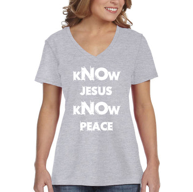 XtraFly Apparel Women&#39;s Know Jesus Peace Faith Religious Christ God Christian Catholic Protestant Church Cross Bible V-neck T-shirt