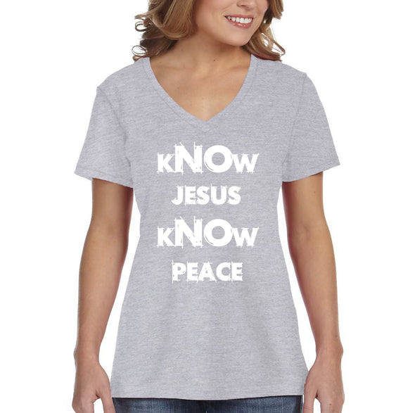 XtraFly Apparel Women&#39;s Know Jesus Peace Faith Religious Christ God Christian Catholic Protestant Church Cross Bible V-neck T-shirt