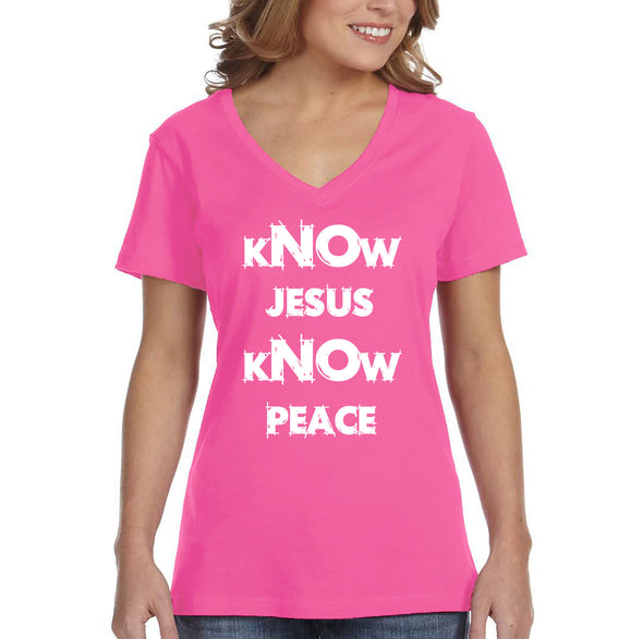 XtraFly Apparel Women&#39;s Know Jesus Peace Faith Religious Christ God Christian Catholic Protestant Church Cross Bible V-neck T-shirt
