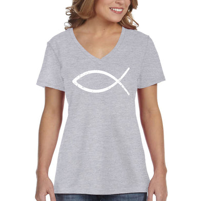 XtraFly Apparel Women&#39;s Fish Religious Bible Jesus Christ God Cross Crucifix Faith Christian Catholic Protestant Church V-neck T-shirt