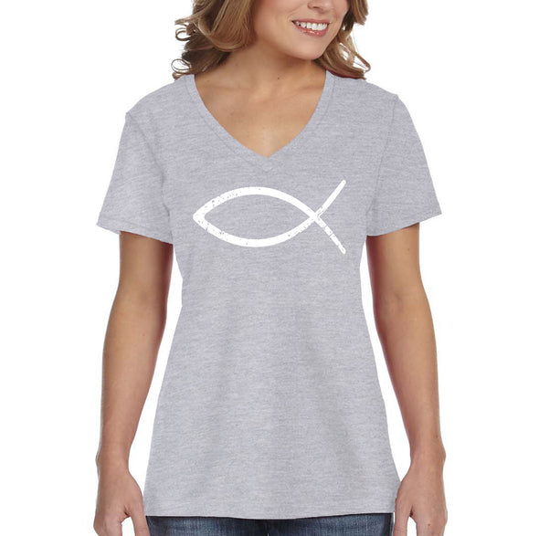 XtraFly Apparel Women&#39;s Fish Religious Bible Jesus Christ God Cross Crucifix Faith Christian Catholic Protestant Church V-neck T-shirt