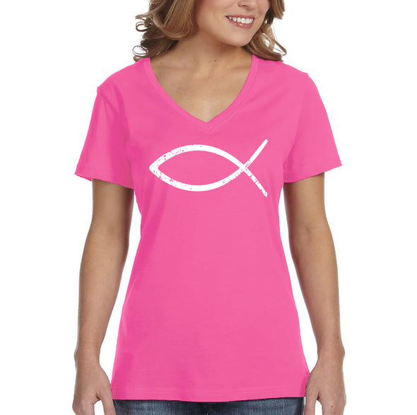 XtraFly Apparel Women&#39;s Fish Religious Bible Jesus Christ God Cross Crucifix Faith Christian Catholic Protestant Church V-neck T-shirt