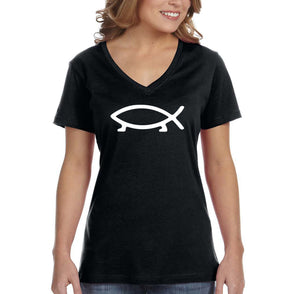 XtraFly Apparel Women&#39;s Anthropology Walking Fish Darwin Evolution Theory Atheist Science Agnostic Heretic Heathen V-neck T-shirt