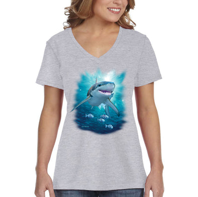 XtraFly Apparel Women&#39;s Great White Shark Swimming Fish Fishing Ocean Sea Fisherman Diving Boating Saltwater Beach V-neck T-shirt