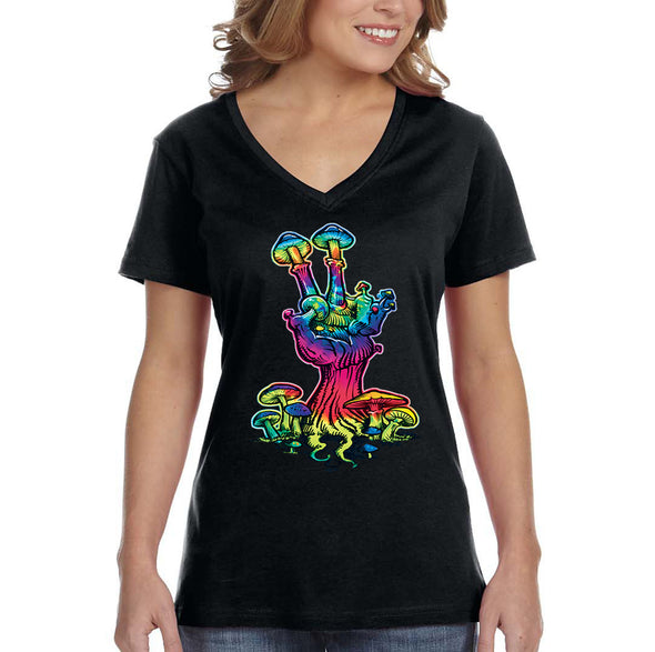 XtraFly Apparel Women&#39;s Neon Mushrooms Hand Portal MD Rave Dance Hippie Desert DJ Music V-neck T-shirt