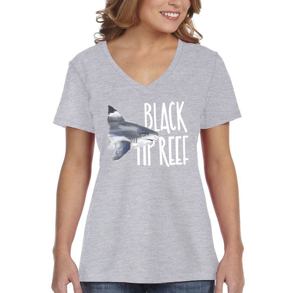 XtraFly Apparel Women&#39;s Black Tip Reef Shark Swimming Fish Fishing Ocean Sea Fisherman Diving Boating Saltwater Beach V-neck T-shirt