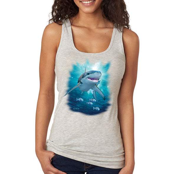 XtraFly Apparel Women&#39;s Great White Shark Swimming Fish Fishing Ocean Sea Fisherman Diving Boating Saltwater Beach Racerback