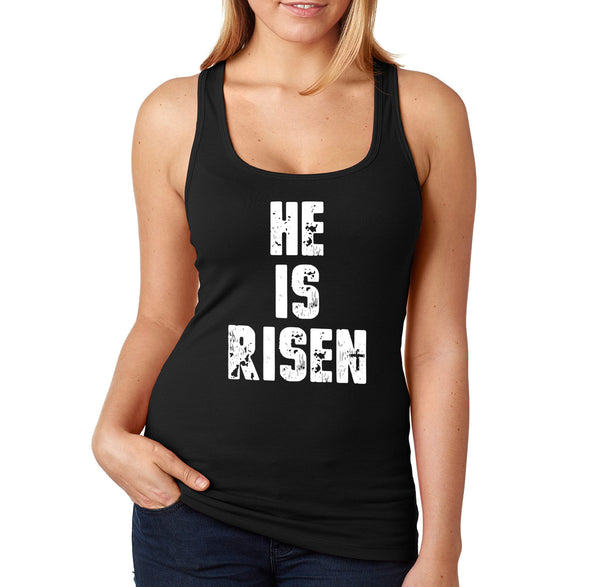 XtraFly Apparel Women&#39;s He is Risen Jesus Christ God Faith Religious Christian Catholic Church Cross Bible Racerback