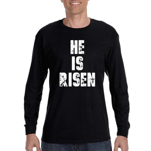 XtraFly Apparel Men&#39;s He is Risen Jesus Christ God Faith Religious Christian Catholic Church Cross Bible Long Sleeve T-Shirt