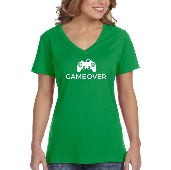 XtraFly Apparel Women&#39;s Game Over Controller Video Games Gamer Gaming Level Up Console PC Player V-neck T-shirt
