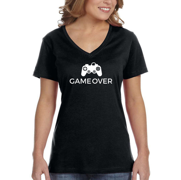 XtraFly Apparel Women&#39;s Game Over Controller Video Games Gamer Gaming Level Up Console PC Player V-neck T-shirt