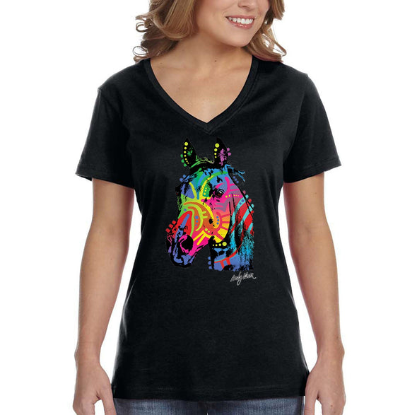 XtraFly Apparel Women&#39;s Neon Horse Mustang Pony Wild Animal Cowboy Cowgirl Horseback Riding Stable Race Pet Ranch Tribal V-neck T-shirt