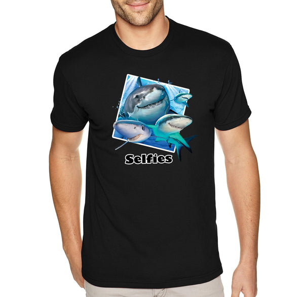 XtraFly Apparel Men&#39;s Tee Shark Selfies Great White Tiger Hammer Head Mako Blue Fish Fishing Ocean Sea Swimming Fisherman Crewneck T-shirt