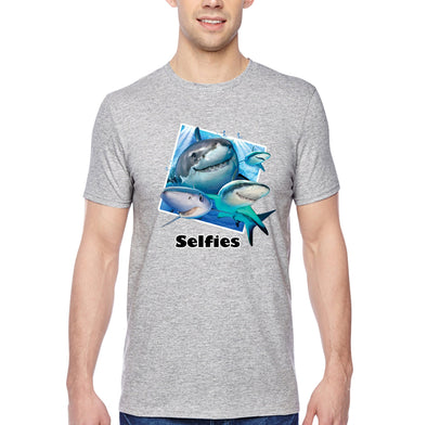 XtraFly Apparel Men&#39;s Tee Shark Selfies Great White Tiger Hammer Head Mako Blue Fish Fishing Ocean Sea Swimming Fisherman Crewneck T-shirt