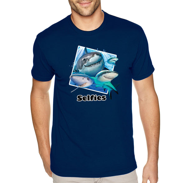 XtraFly Apparel Men&#39;s Tee Shark Selfies Great White Tiger Hammer Head Mako Blue Fish Fishing Ocean Sea Swimming Fisherman Crewneck T-shirt