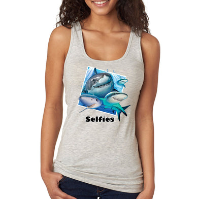 XtraFly Apparel Women&#39;s Shark Selfies Great White Tiger Hammer Head Mako Blue Fish Fishing Ocean Sea Swimming Fisherman Beach Racerback