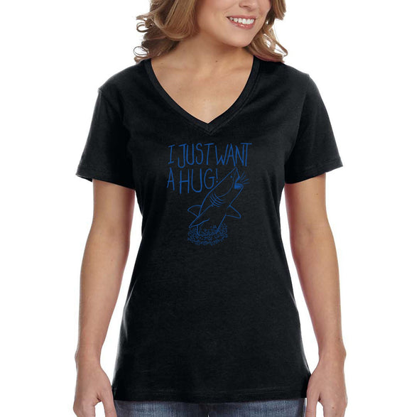 XtraFly Apparel Women&#39;s Just Want a Hug Great White Shark Swimming Fish Fishing Ocean Sea Fisherman Diving Tiger Blue Mako V-neck T-shirt