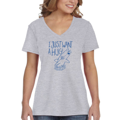 XtraFly Apparel Women&#39;s Just Want a Hug Great White Shark Swimming Fish Fishing Ocean Sea Fisherman Diving Tiger Blue Mako V-neck T-shirt