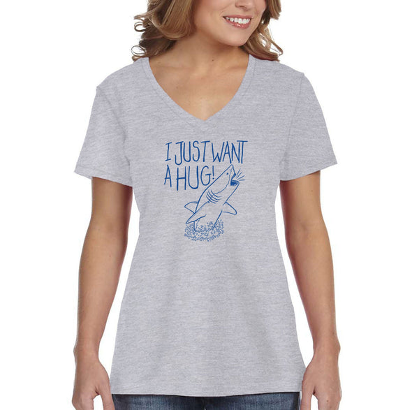 XtraFly Apparel Women&#39;s Just Want a Hug Great White Shark Swimming Fish Fishing Ocean Sea Fisherman Diving Tiger Blue Mako V-neck T-shirt