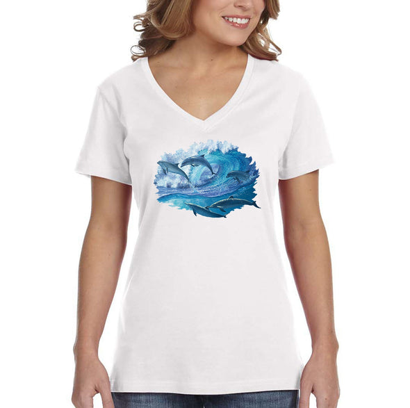 XtraFly Apparel Women&#39;s Dolphins Swimming Waves Ocean Sea Surfing Sailing Fish Fishing Great White Shark Mako Tiger Blue V-neck T-shirt