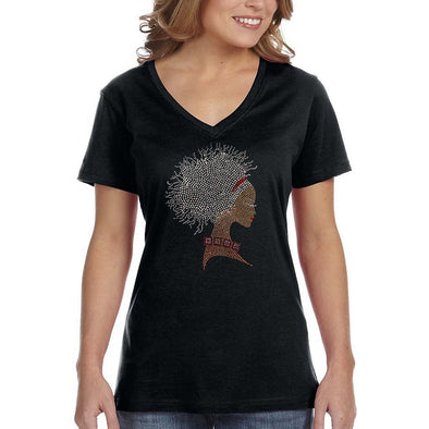 XtraFly Apparel Women&#39;s Afro Lady Necklace Sequin Rhinestone Fashionista Sexy African Rasta Cornrows Jamaican Party Music DJ V-neck T-shirt