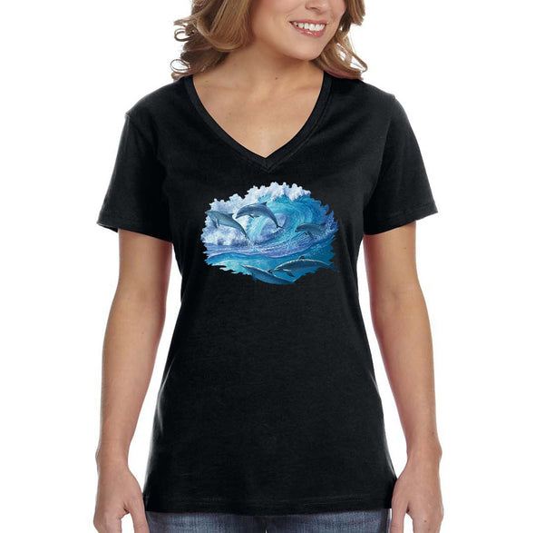 XtraFly Apparel Women&#39;s Dolphins Swimming Waves Ocean Sea Surfing Sailing Fish Fishing Great White Shark Mako Tiger Blue V-neck T-shirt