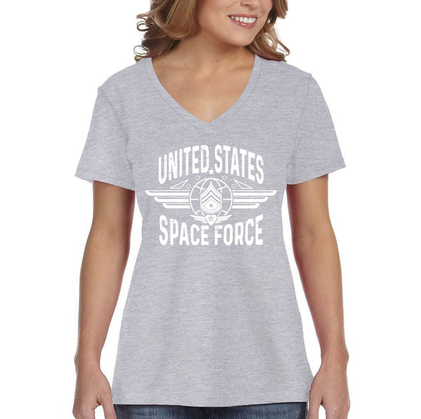 XtraFly Apparel Women&#39;s United States Space Force Guardian Astronaut Military Army Navy Galaxy Rocket Mars Moon Alien Science V-neck T-shirt