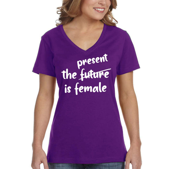 XtraFly Apparel Women&#39;s Present is Female Feminist President Kamala Harris AOC RBG Hillary Clinton Obama Warren Malala V-neck T-shirt