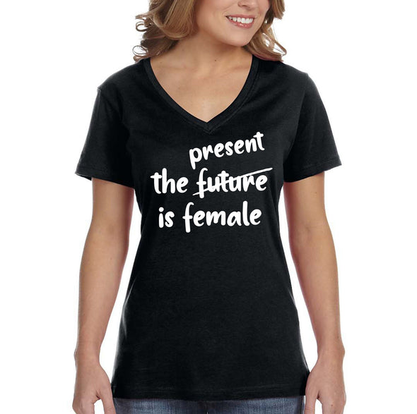 XtraFly Apparel Women&#39;s Present is Female Feminist President Kamala Harris AOC RBG Hillary Clinton Obama Warren Malala V-neck T-shirt