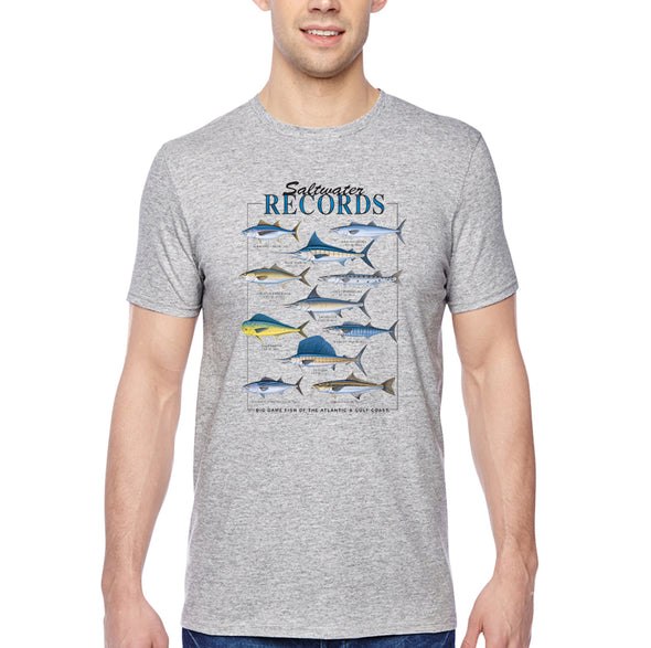 XtraFly Apparel Men&#39;s Tee Saltwater Records Albacore King Mackerel Blue Marlin Amberjack Great Barracuda Swordfish Sailfish Crewneck T-shirt