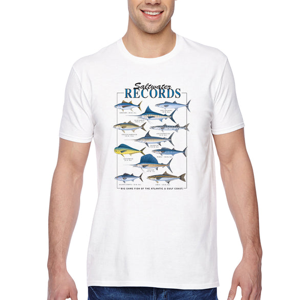 XtraFly Apparel Men&#39;s Tee Saltwater Records Albacore King Mackerel Blue Marlin Amberjack Great Barracuda Swordfish Sailfish Crewneck T-shirt