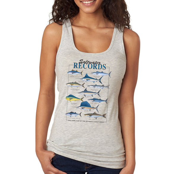 XtraFly Apparel Women&#39;s Saltwater Records Albacore King Mackerel Blue Marlin Amberjack Great Barracuda Swordfish Sailfish Cobia Racerback