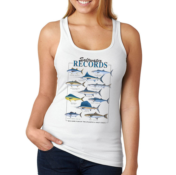 XtraFly Apparel Women&#39;s Saltwater Records Albacore King Mackerel Blue Marlin Amberjack Great Barracuda Swordfish Sailfish Cobia Racerback