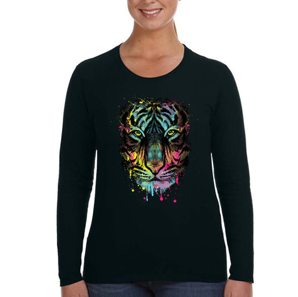 XtraFly Apparel Women&#39;s Neon Tiger Animal Wild Jungle Zoo Lion Long Sleeve T-Shirt