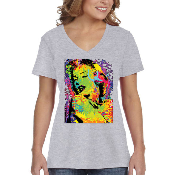 XtraFly Apparel Women&#39;s Neon Marilyn Monroe Sexy Pin Up Vintage Blonde Bombshell Beauty Tie Dye V-neck T-shirt