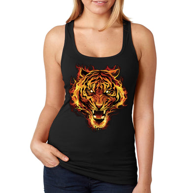 XtraFly Apparel Women&#39;s Flaming Tiger Wild Animal Zoo Safari Wildlife Jungle Fire Flames Africa African Lion Racerback