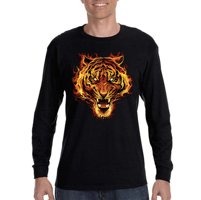 XtraFly Apparel Men&#39;s Flaming Tiger Wild Animal Zoo Safari Wildlife Jungle Fire Flames Africa African Lion Long Sleeve T-Shirt