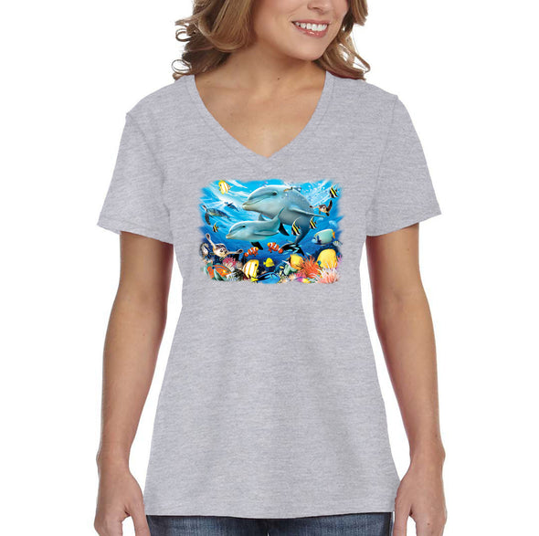 XtraFly Apparel Women&#39;s Dolphin Play Pod Sea Turtle Clownfish Angelfish Seahorse Blue Tang Fish Fishing Vacation Shark Ocean V-neck T-shirt