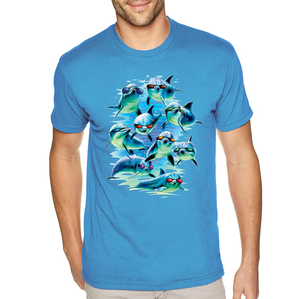 XtraFly Apparel Men&#39;s Tee Mob Squad Dolphin Pod Swim Swimming Fish Fishing Diving Surf Surfing Vacation Great White Shark Crewneck T-shirt