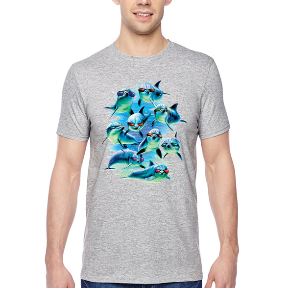XtraFly Apparel Men&#39;s Tee Mob Squad Dolphin Pod Swim Swimming Fish Fishing Diving Surf Surfing Vacation Great White Shark Crewneck T-shirt