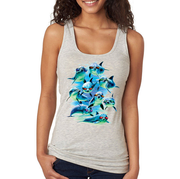 XtraFly Apparel Women&#39;s Mob Squad Dolphin Pod Swim Swimming Fish Fishing Diving Surf Surfing Vacation Great White Shark Mako Ocean Racerback