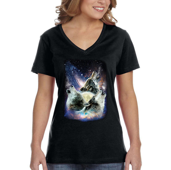 XtraFly Apparel Women&#39;s Space Wolves Galaxy Mars Moon Alien UFO Wild Animal Wildlife Wolf Pack Rocket Ship Astronaut V-neck T-shirt