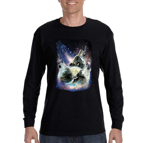 XtraFly Apparel Men&#39;s Space Wolves Galaxy Mars Moon Alien UFO Wild Animal Wildlife Wolf Pack Rocket Ship Astronaut Long Sleeve T-Shirt