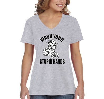 XtraFly Apparel Women&#39;s Wash Stupid Hands Doctor Social Distancing Quarantine Distance Medical Medicine Health Care Vaccine V-neck T-shirt