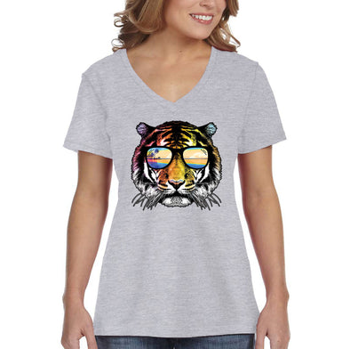 XtraFly Apparel Women&#39;s Summer Tiger Vacation Tropical Beach Wild Animal Jungle Wildlife Zoo Safari Africa African Lion V-neck T-shirt